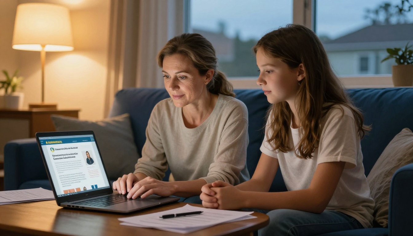 A mother and daughter reviewing university scholarship and financial aid information together on a laptop at home in warm evening light A mother and daughter reviewing university scholarship and financial aid information together on a laptop at home in warm evening light