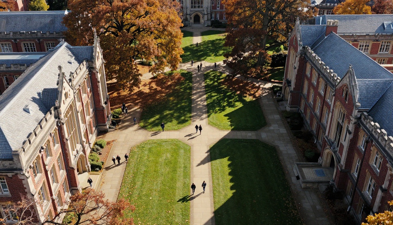 Aerial view of a classic red-brick university campus quad in crisp autumn morning light with students walking stone pathways Aerial view of a classic red-brick university campus quad in crisp autumn morning light with students walking stone pathways