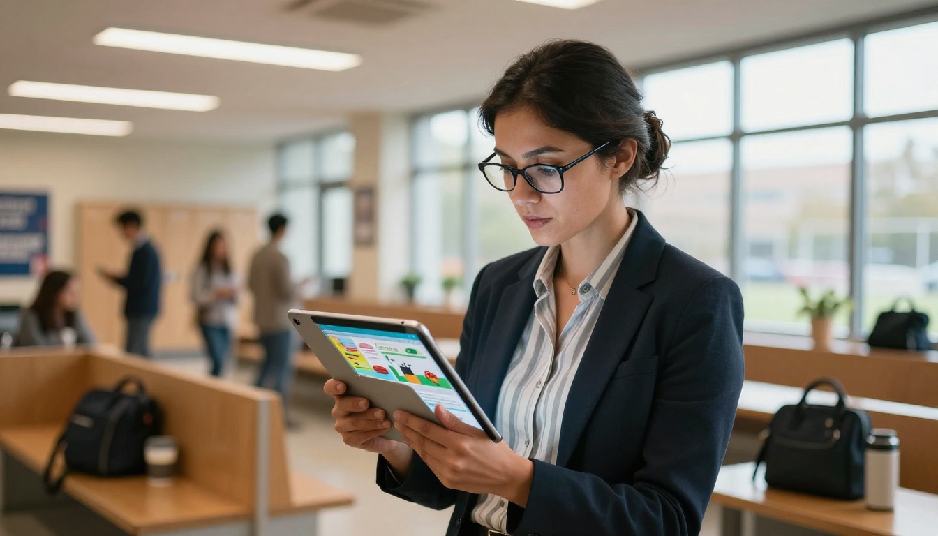 Teacher browsing a digital flipbook on a tablet in school hallway