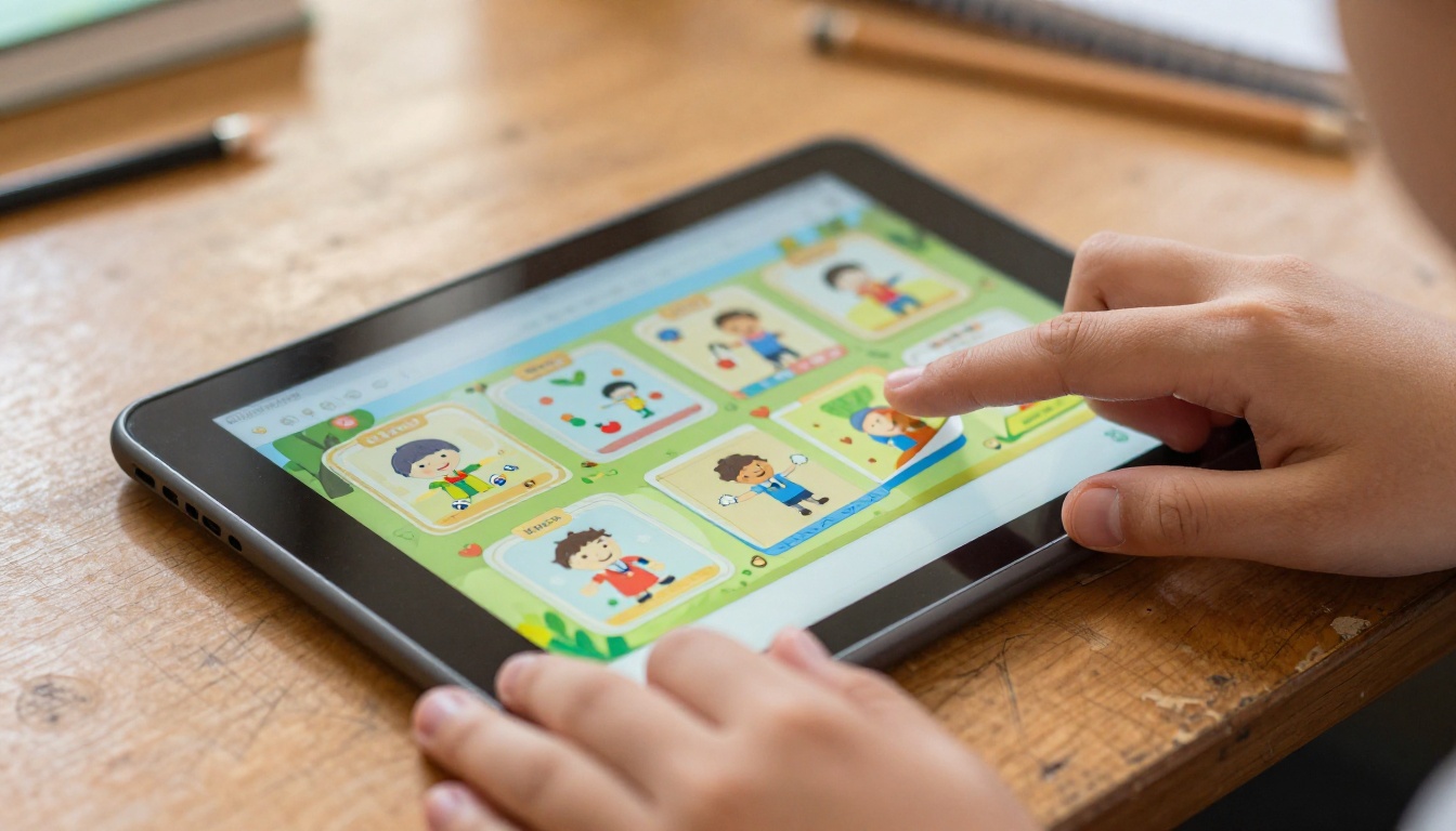 Close-up of student hands holding tablet displaying an interactive school flipbook