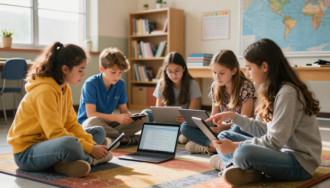 Group of middle school students engaged with digital flipbooks on devices