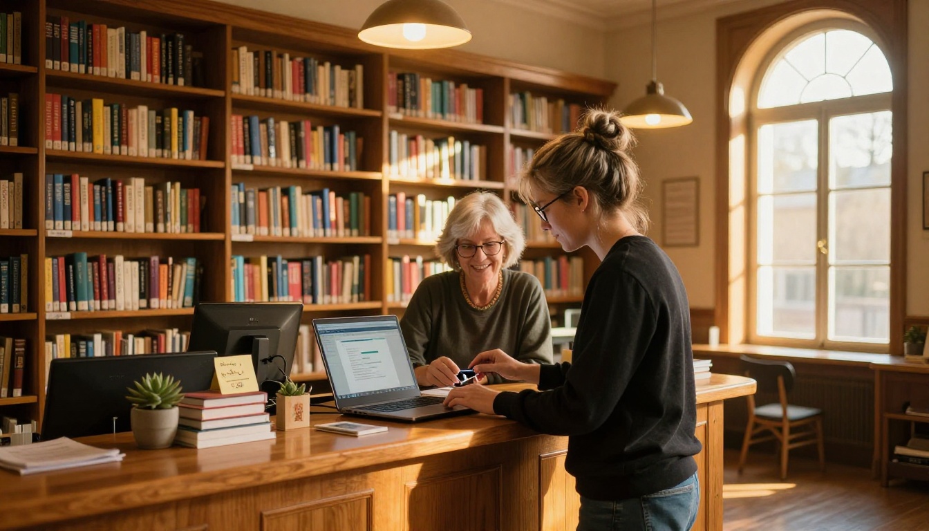 School librarian helping a student upload PDF documents in a school library