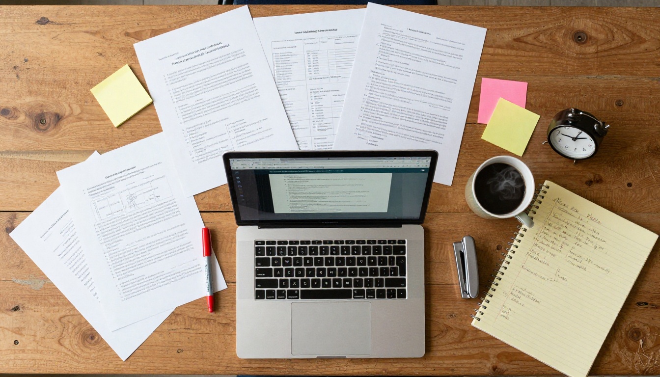 Aerial overhead view of teacher's desk with PDF documents and laptop