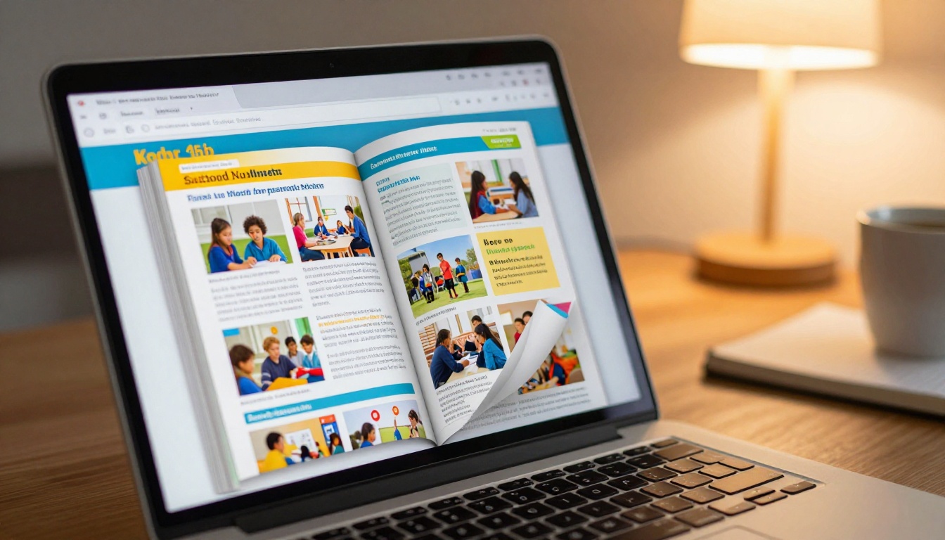 Laptop screen showing school newsletter displayed as a digital flipbook