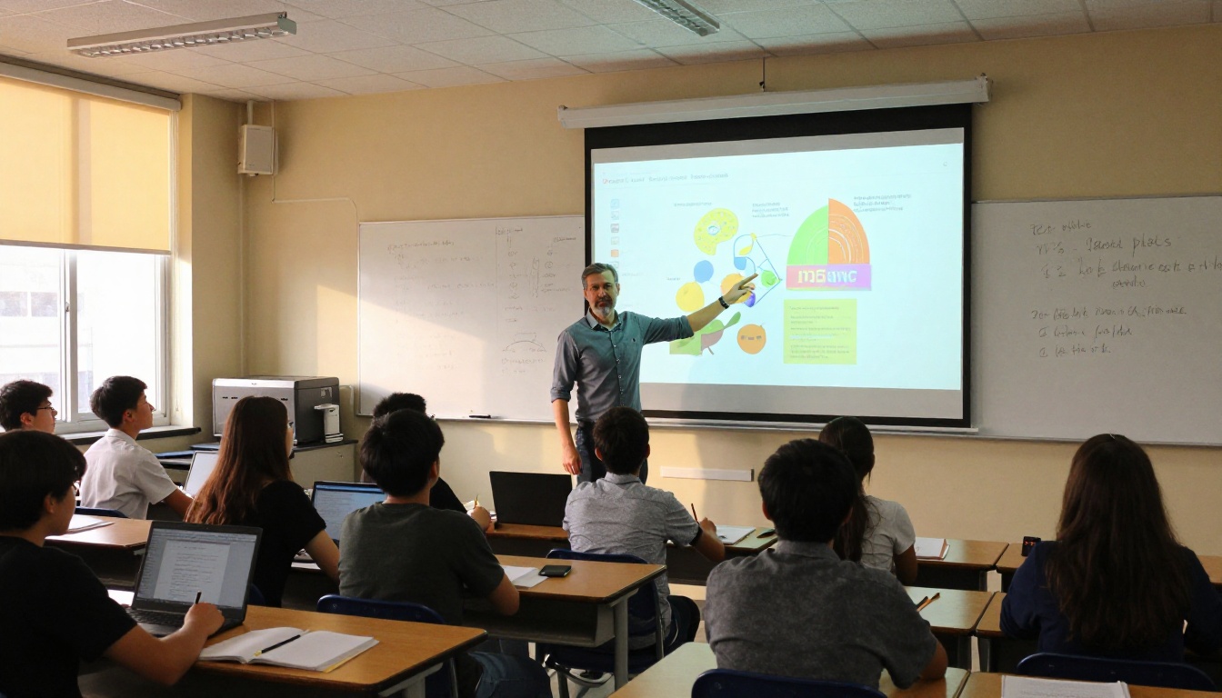 Male teacher presenting digital flipbook on projector screen to high school students