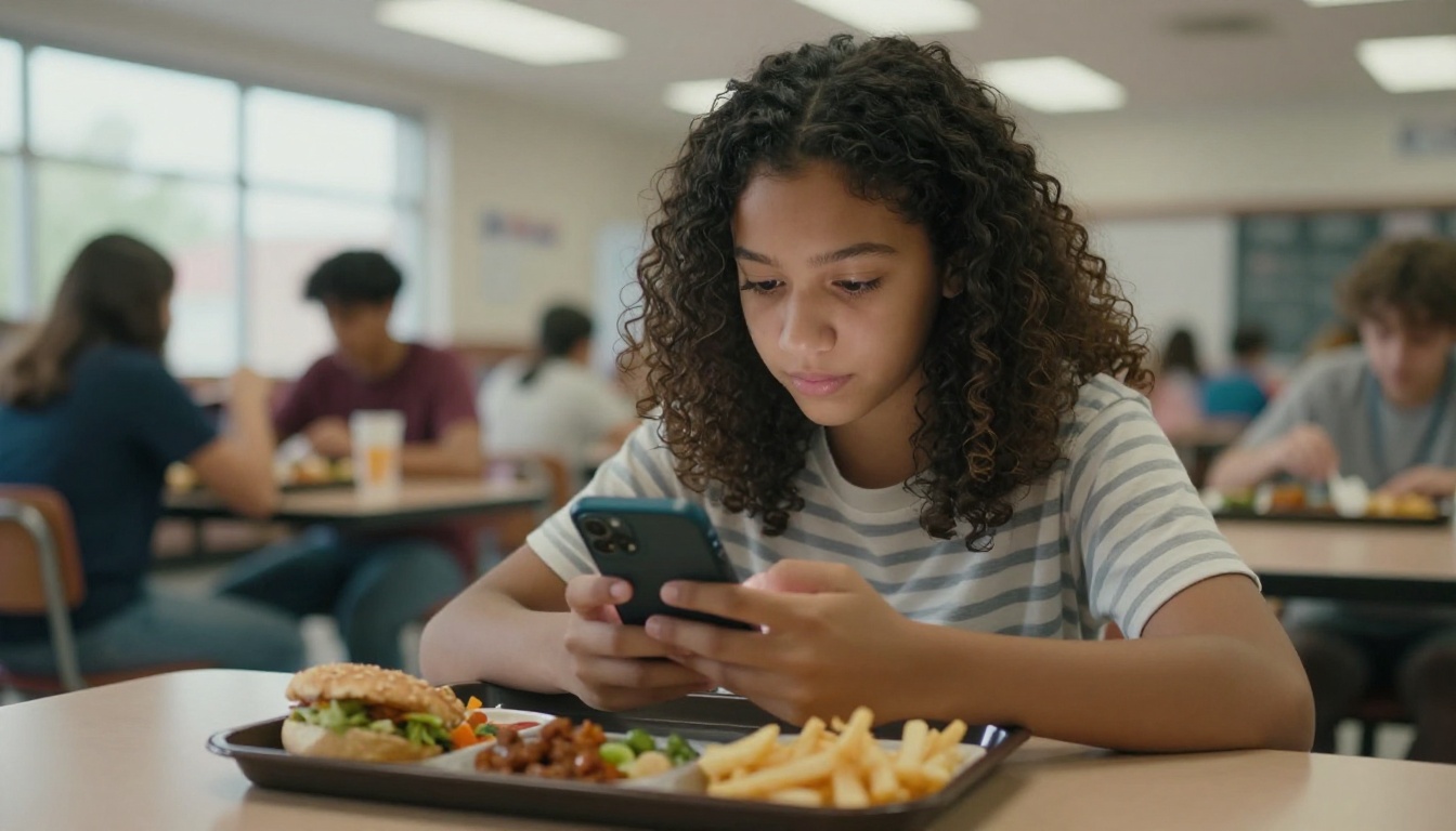 Young student browsing a digital flipbook on smartphone at school cafeteria