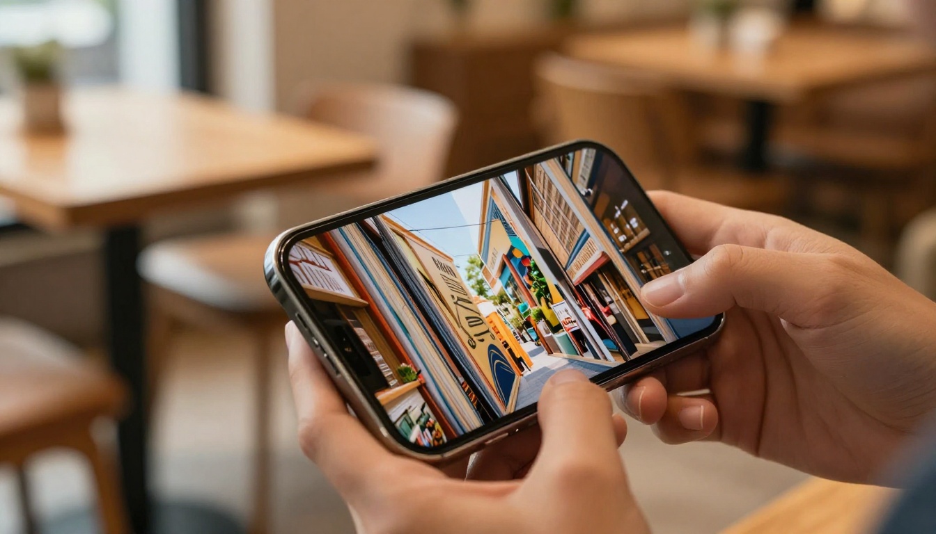 Close-up of hands holding a smartphone displaying a digital flipbook with a page-turn animation