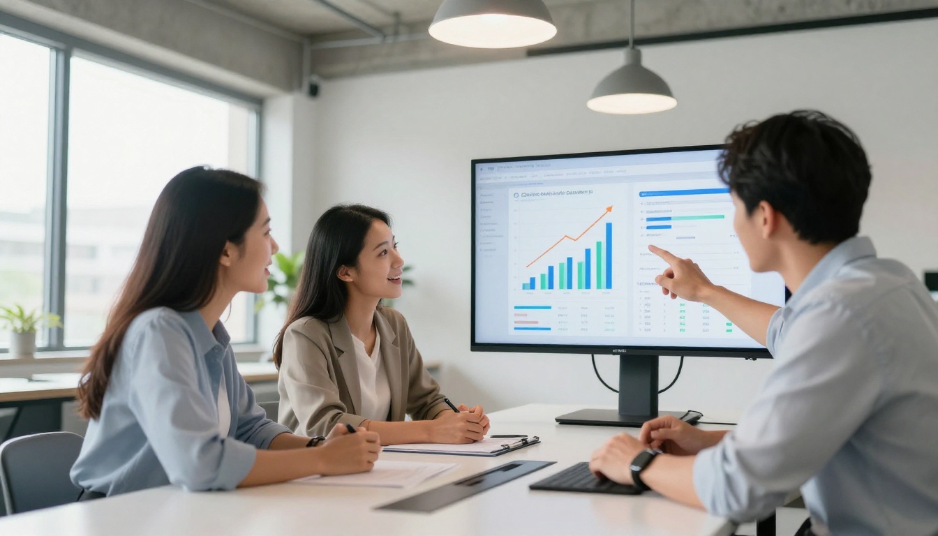 Marketing team reviewing performance data on a large screen in a modern office