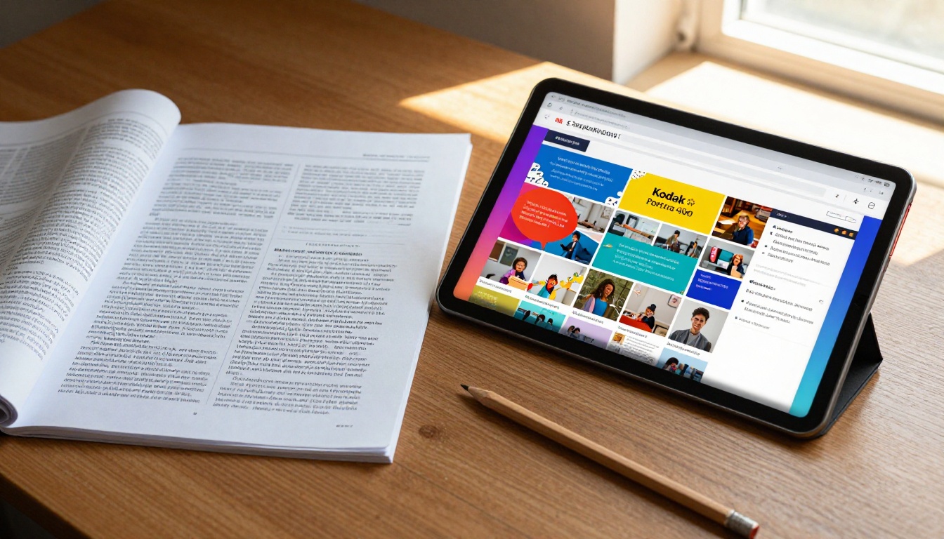 Side-by-side comparison of printed school PDF document next to tablet showing interactive flipbook