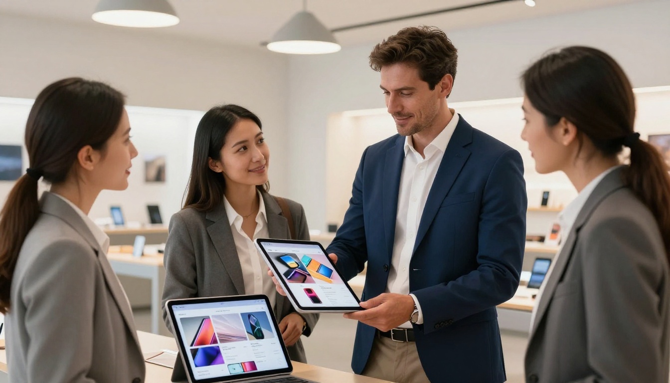 Business professional presenting a product catalog flipbook on an iPad to clients in a modern showroom