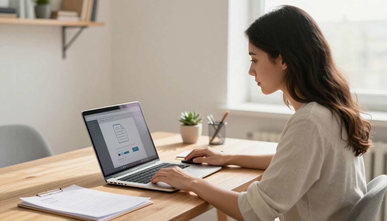 Young woman uploading a PDF document on her laptop at a modern home office desk