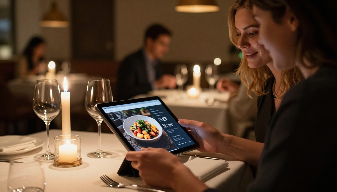 Couple reviewing a digital menu on a tablet at an elegant restaurant table with warm candlelight