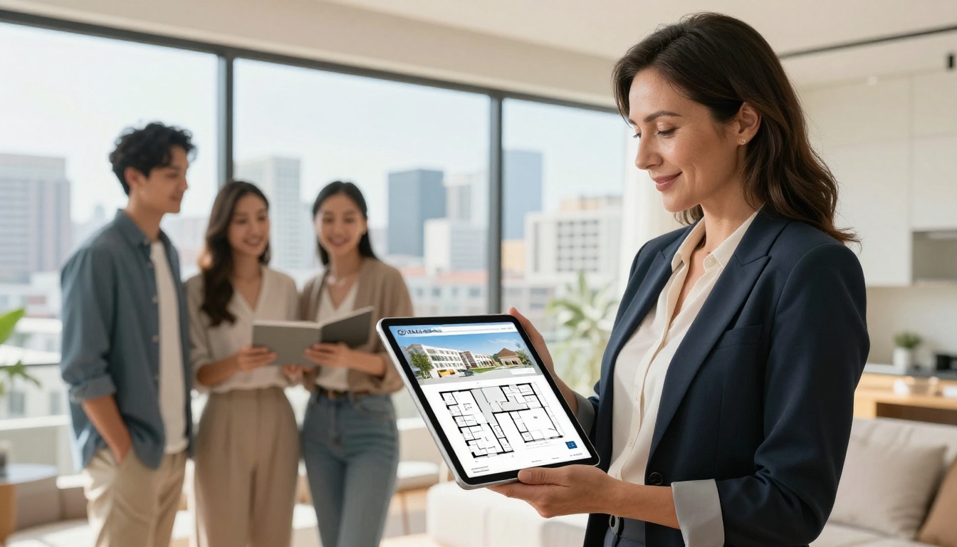 Real estate agent showing a property brochure flipbook on an iPad to a couple in a modern apartment