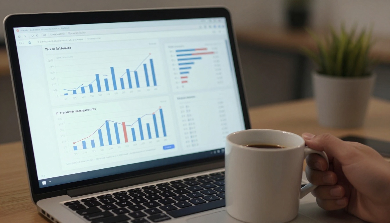 Analytics dashboard on a laptop screen showing reader performance metrics and upward-trend charts