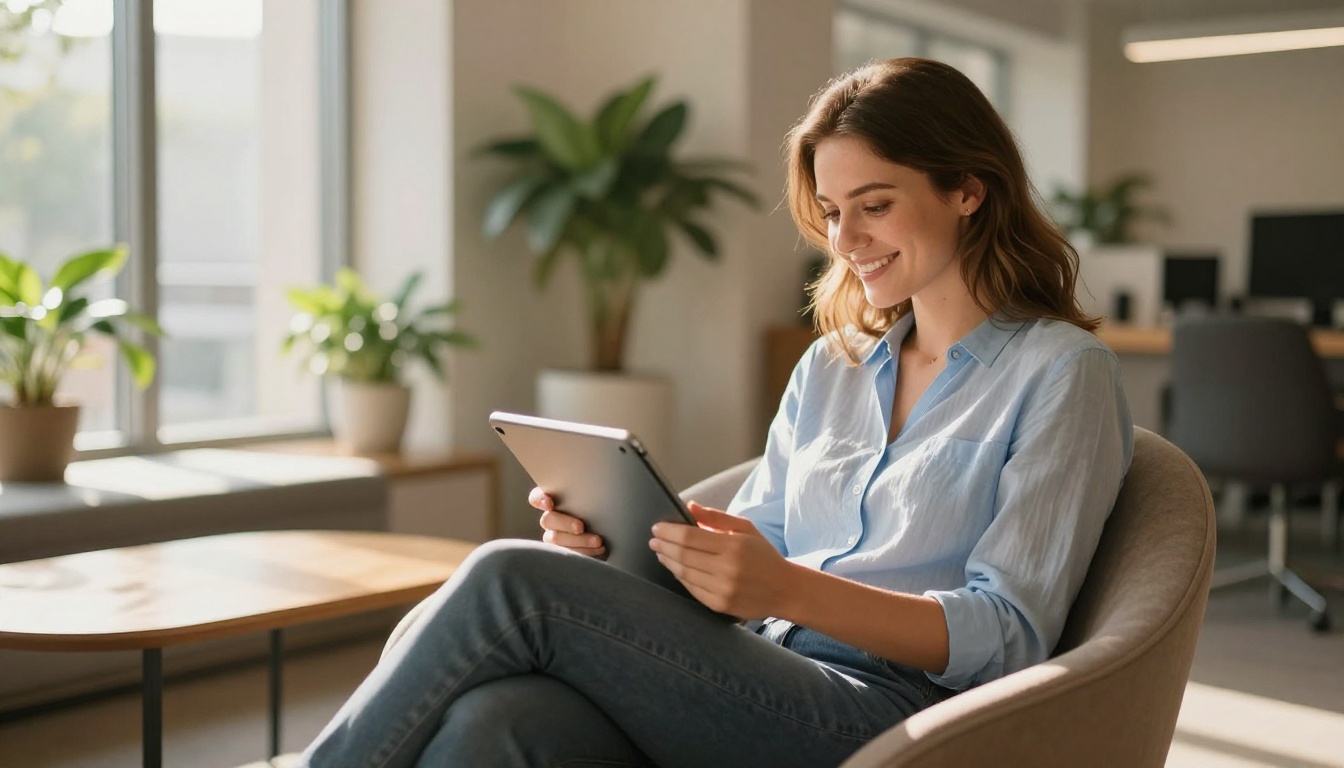 Young professional woman smiling while reading a tablet in a modern bright office lounge