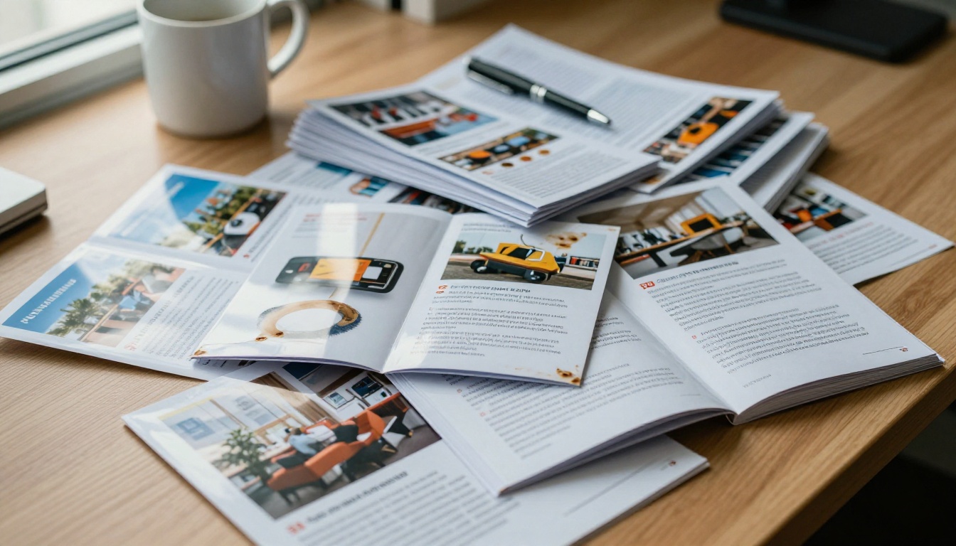 Aerial view of a corporate desk cluttered with ignored printed marketing brochures with coffee ring stains