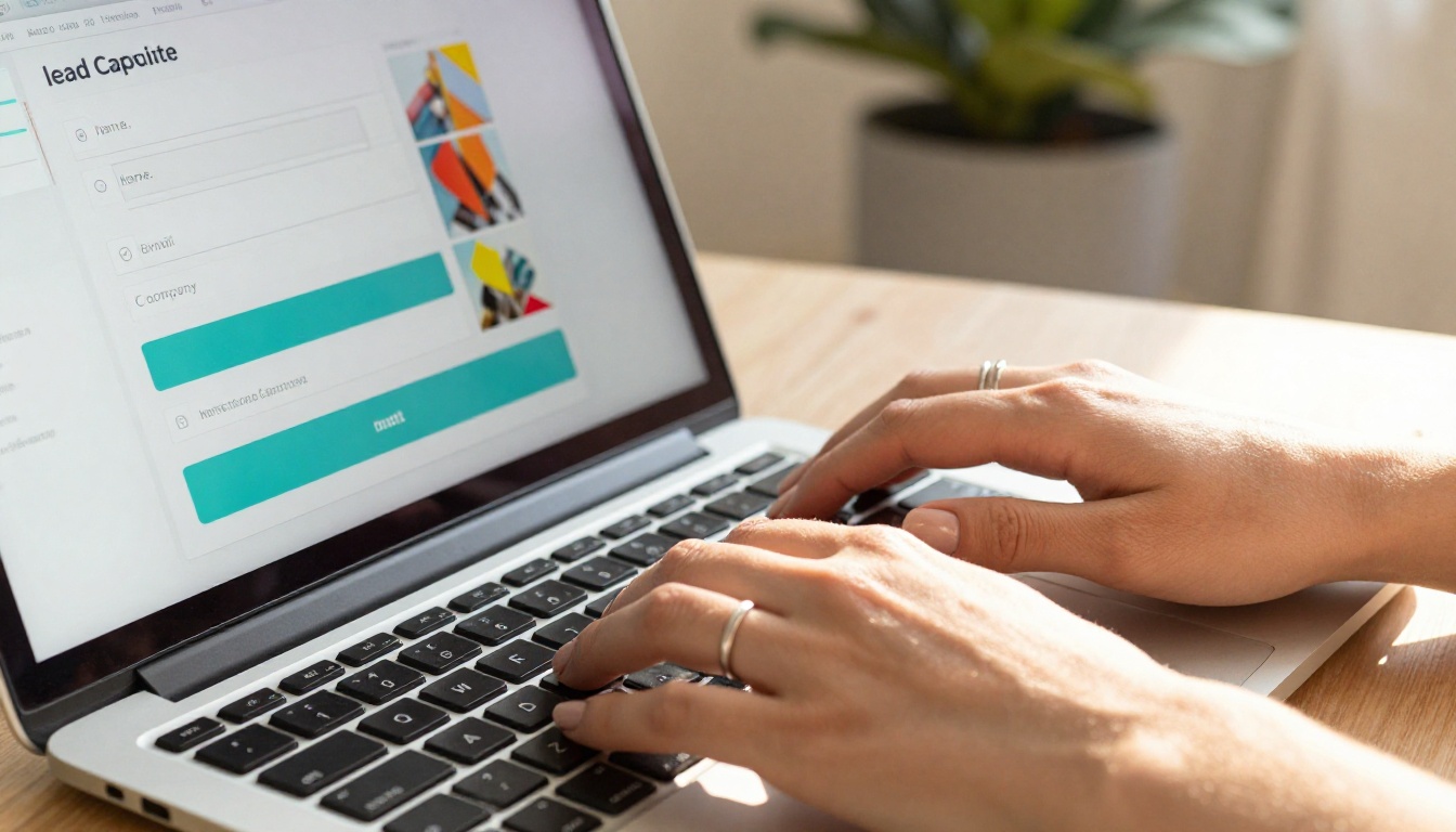 Close-up of female hands typing on laptop displaying a digital lead capture form with teal submit button