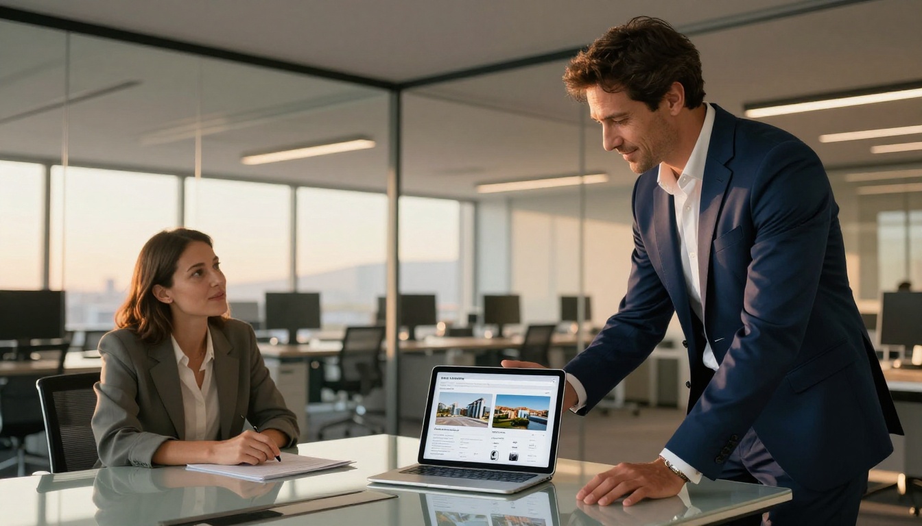Sales professional standing beside conference table presenting digital flipbook on iPad to two engaged clients