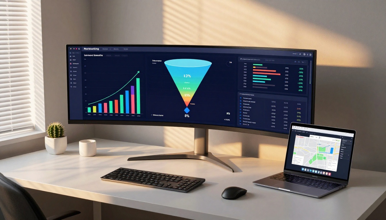Marketing analytics dashboard on ultrawide monitor showing conversion funnel and lead metrics with upward trends