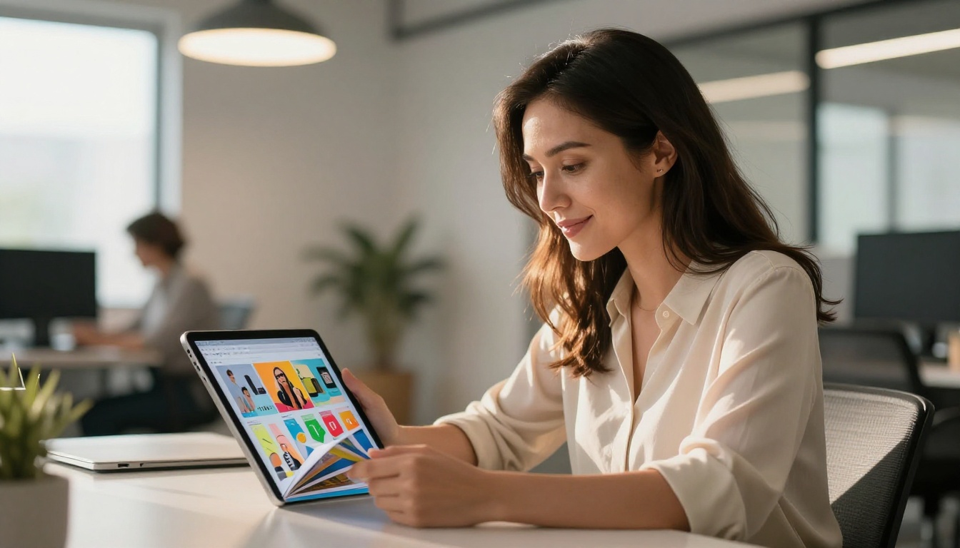 Marketing professional holding a tablet displaying a vibrant interactive digital flipbook Marketing professional holding a tablet displaying a vibrant interactive digital flipbook