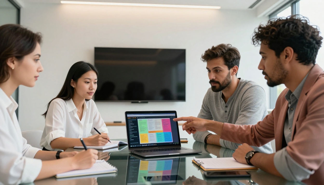 Diverse group of four marketing professionals gathered around a laptop showing an interactive digital flipbook in a conference room