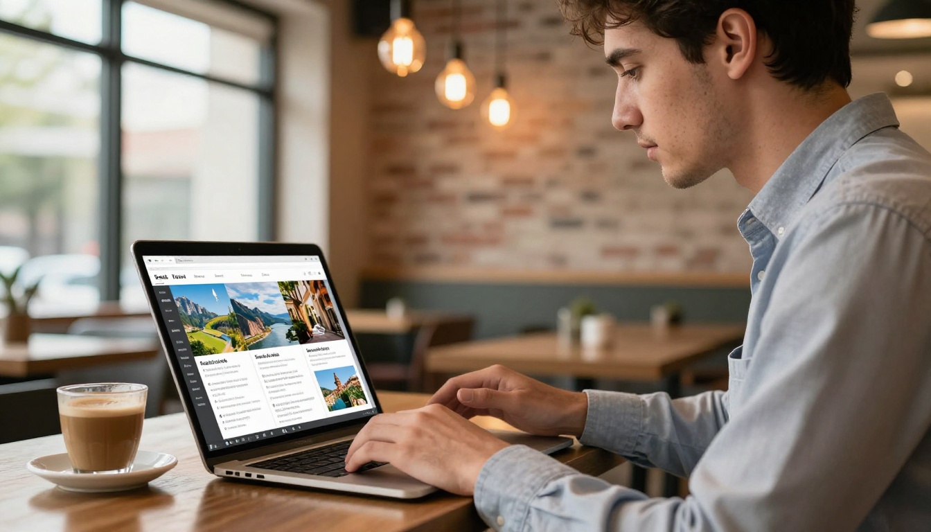 Young professional scrolling through an interactive digital brochure on a laptop in a bright cafe Young professional scrolling through an interactive digital brochure on a laptop in a bright cafe