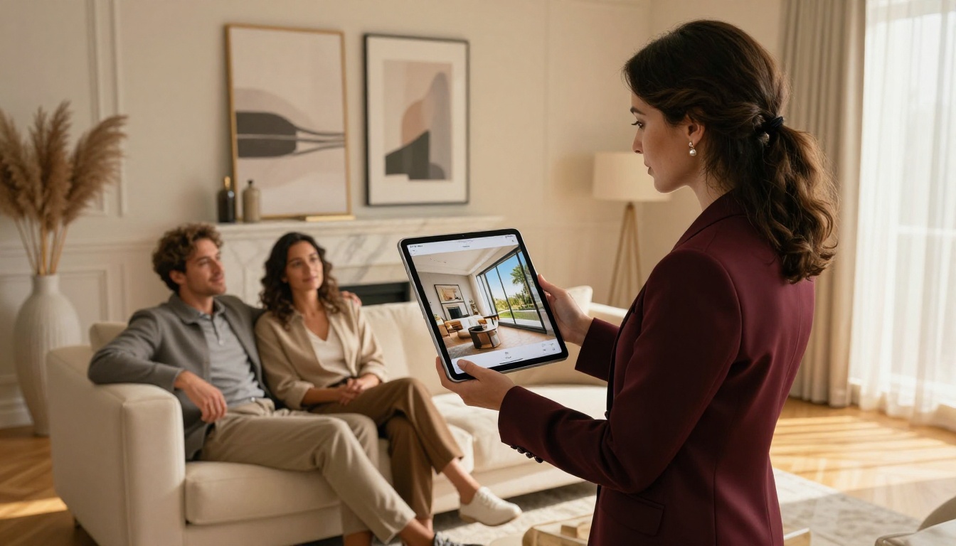 Real estate agent in burgundy blazer presenting luxury property flipbook on iPad to couple seated in staged living room