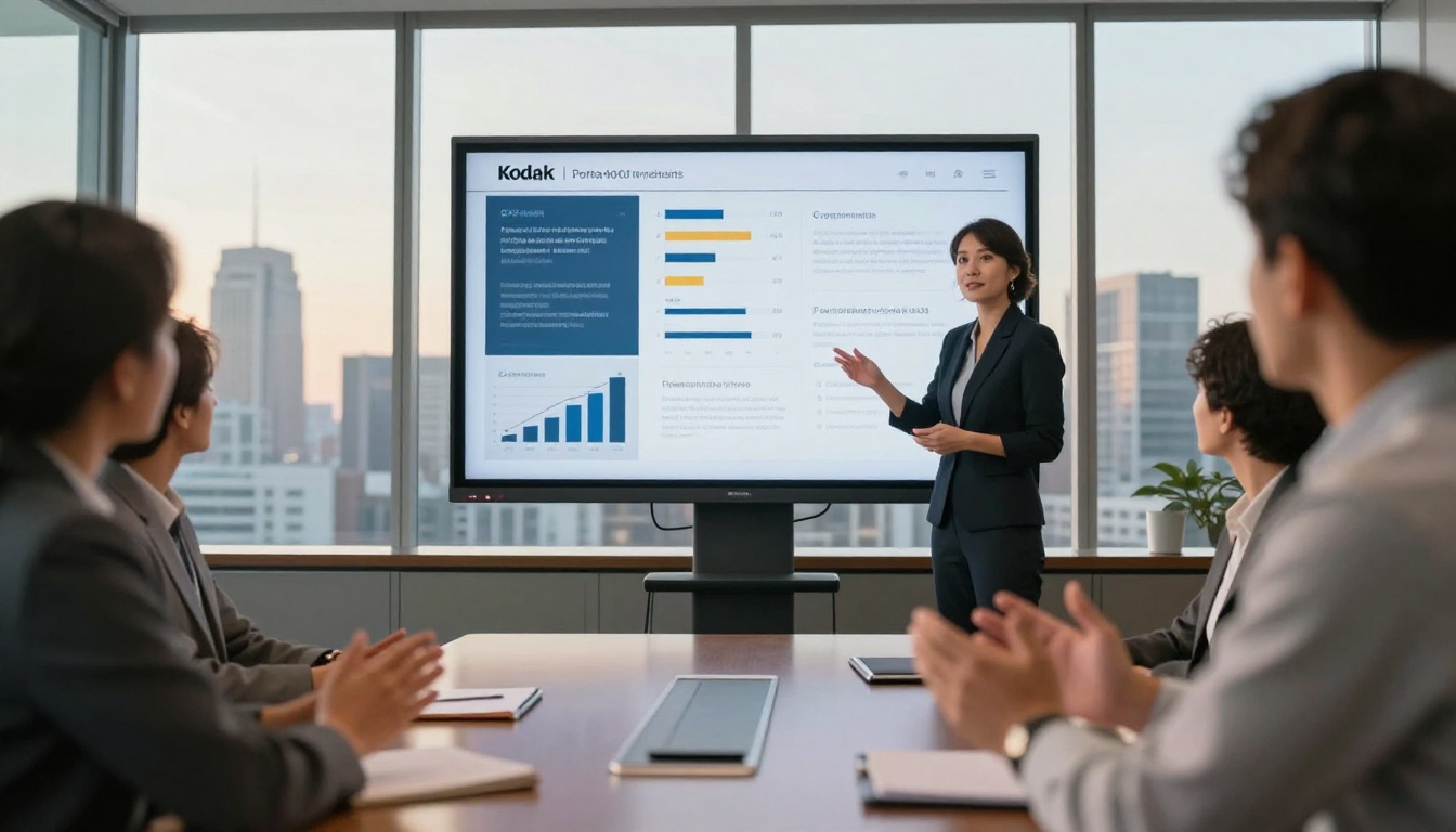 Confident sales manager presenting interactive flipbook on large screen to colleagues in conference room Confident sales manager presenting interactive flipbook on large screen to colleagues in conference room