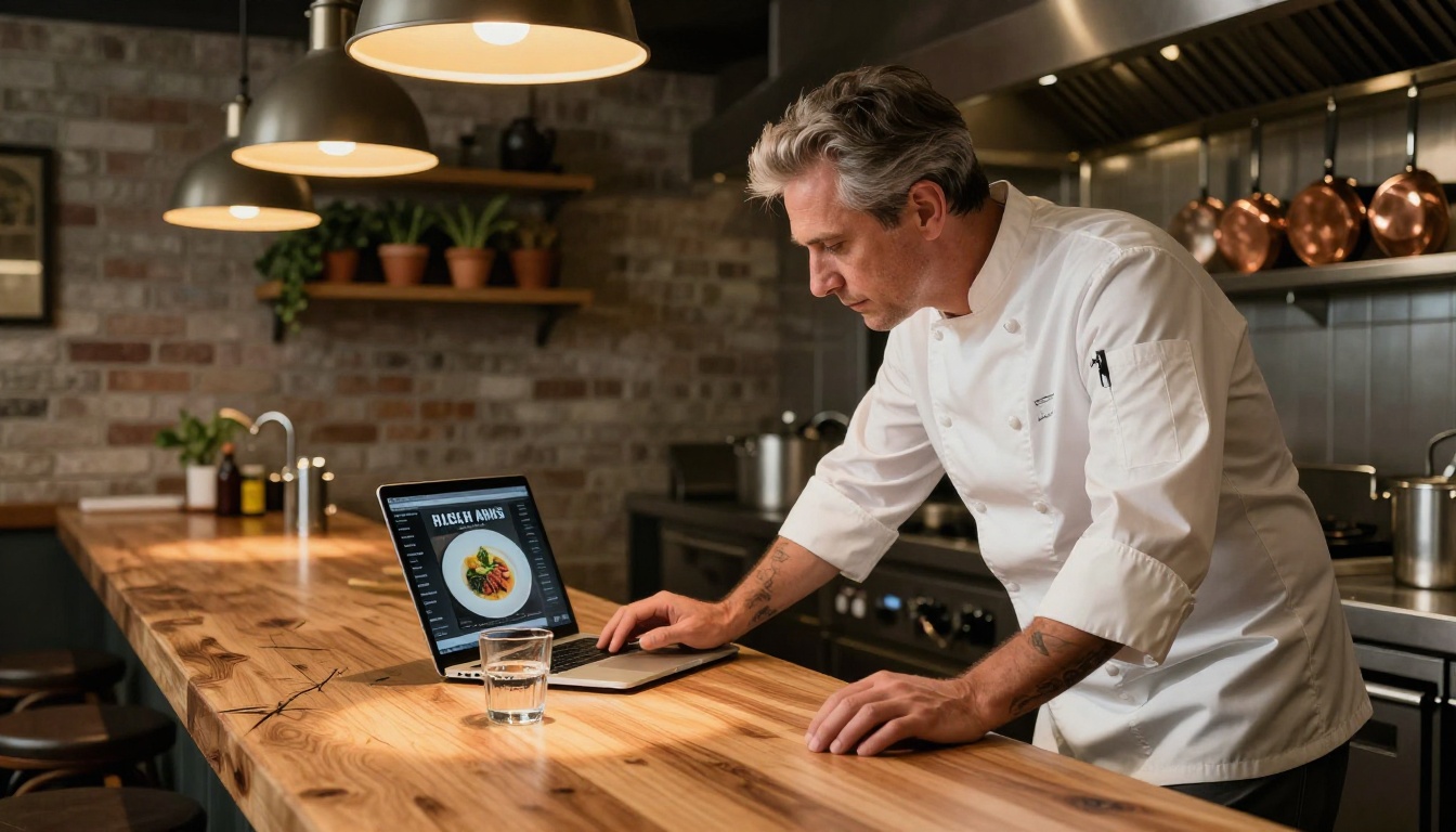 Restaurant owner in white chef coat reviewing digital menu flipbook on laptop at wooden prep counter in a modern bistro kitchen