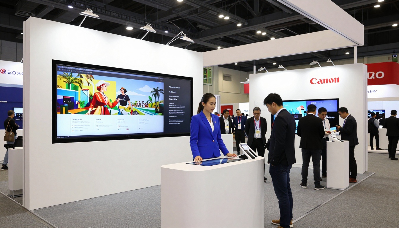 Wide shot of modern trade show booth with large digital display screens showing interactive flipbooks and brand representative in cobalt blazer