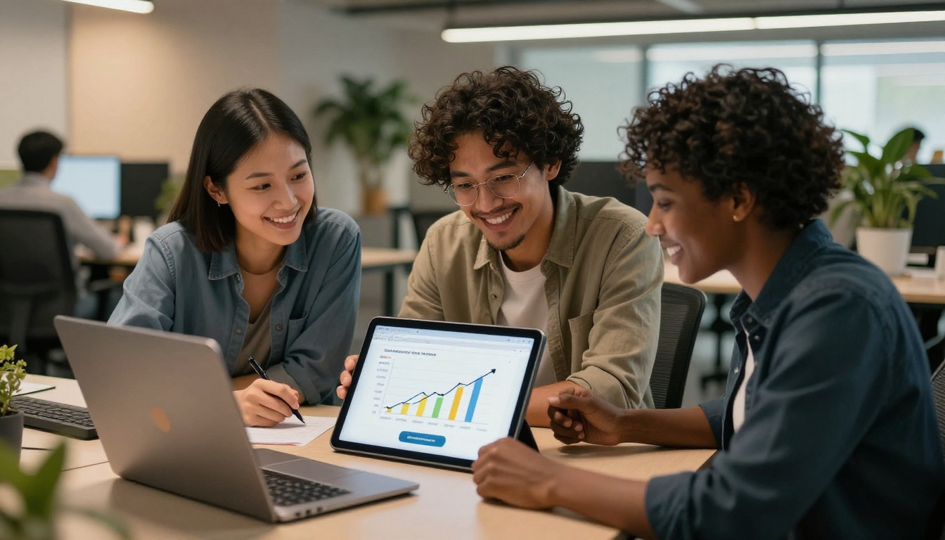 Diverse marketing team reviewing campaign performance data on a tablet in a bright modern office Diverse marketing team reviewing campaign performance data on a tablet in a bright modern office