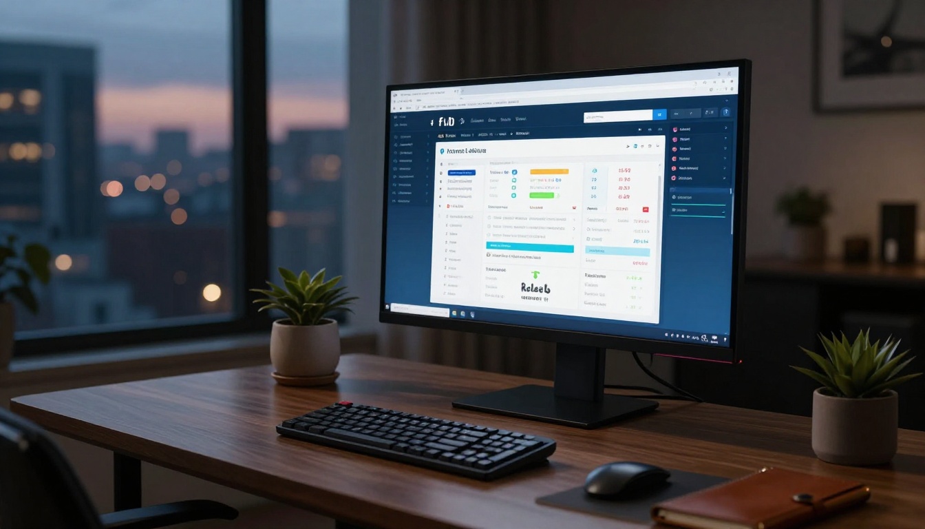 Sleek modern home office at dusk with curved monitor displaying email marketing analytics and interactive flipbook preview Sleek modern home office at dusk with curved monitor displaying email marketing analytics and interactive flipbook preview