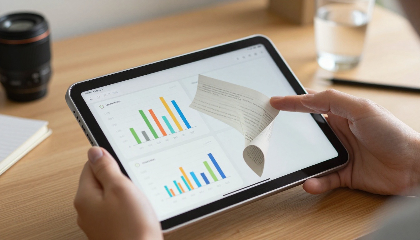 Close-up of hands holding tablet displaying open flipbook with analytics bar charts Close-up of hands holding tablet displaying open flipbook with analytics bar charts