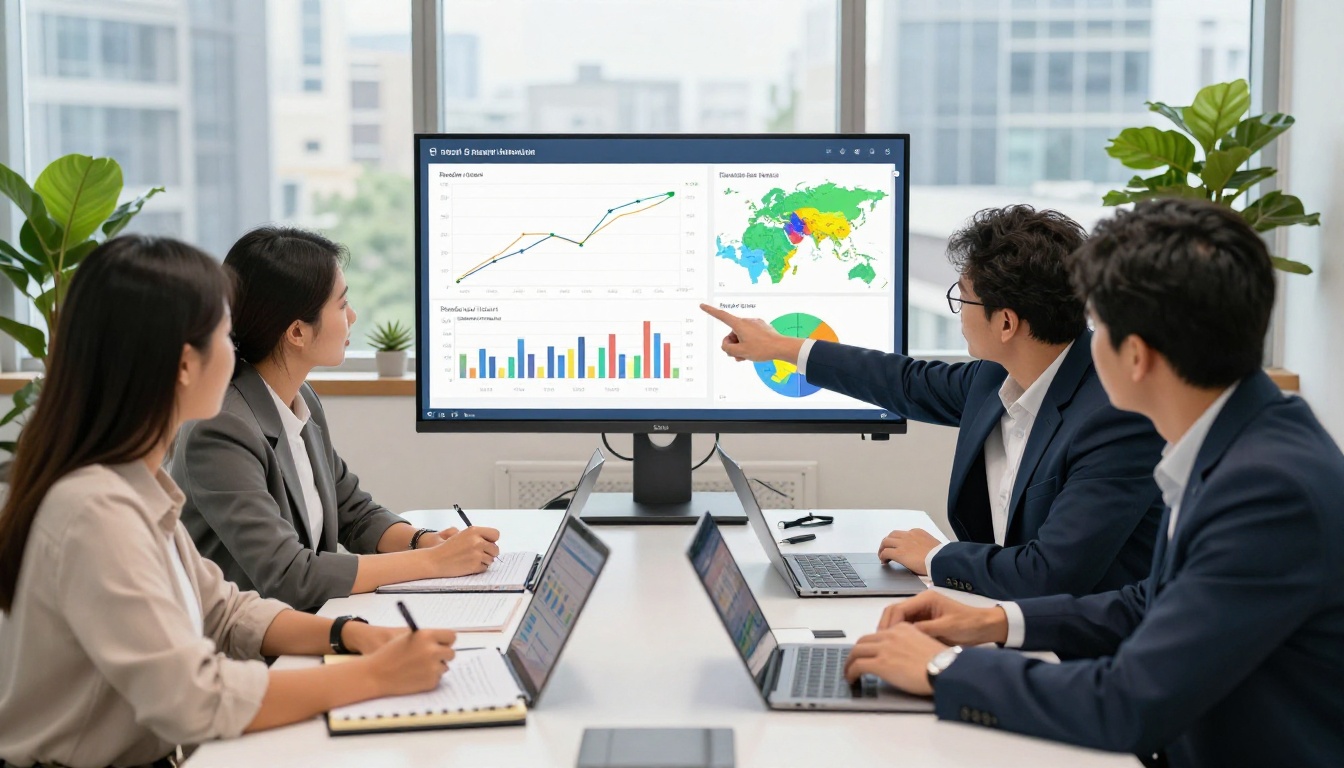Marketing team reviewing content performance metrics on conference room screen Marketing team reviewing content performance metrics on conference room screen