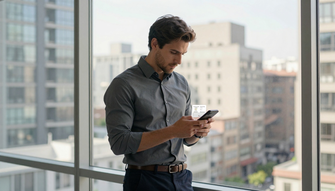 Professional man reviewing flipbook reader statistics on smartphone by office window Professional man reviewing flipbook reader statistics on smartphone by office window