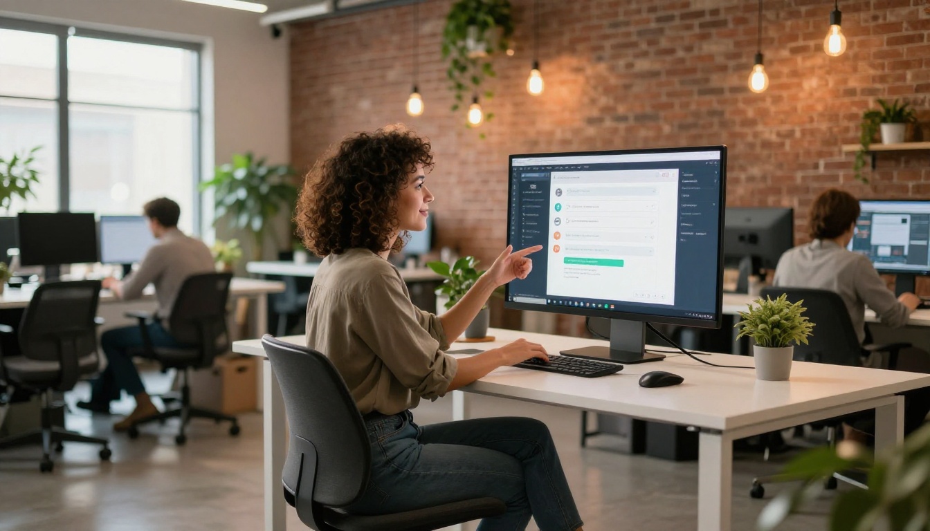 Professional woman sharing digital flipbook content on large monitor in bright co-working space Professional woman sharing digital flipbook content on large monitor in bright co-working space