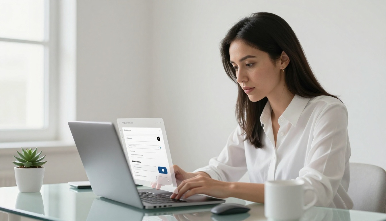 Professional woman setting up lead capture form on laptop in bright minimalist office Professional woman setting up lead capture form on laptop in bright minimalist office