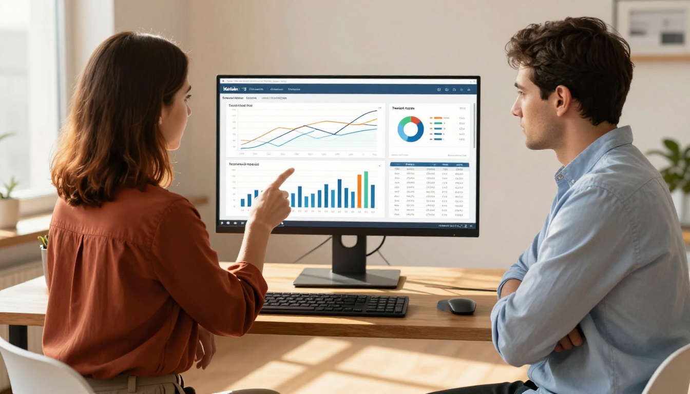 Two professional colleagues discussing content performance analytics at a standing desk Two professional colleagues discussing content performance analytics at a standing desk