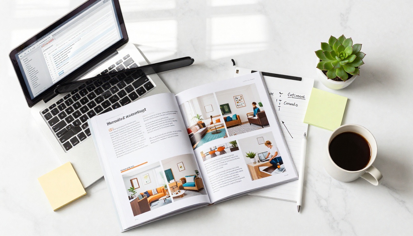 Flat-lay workspace with laptop showing email editor and open flipbook catalog