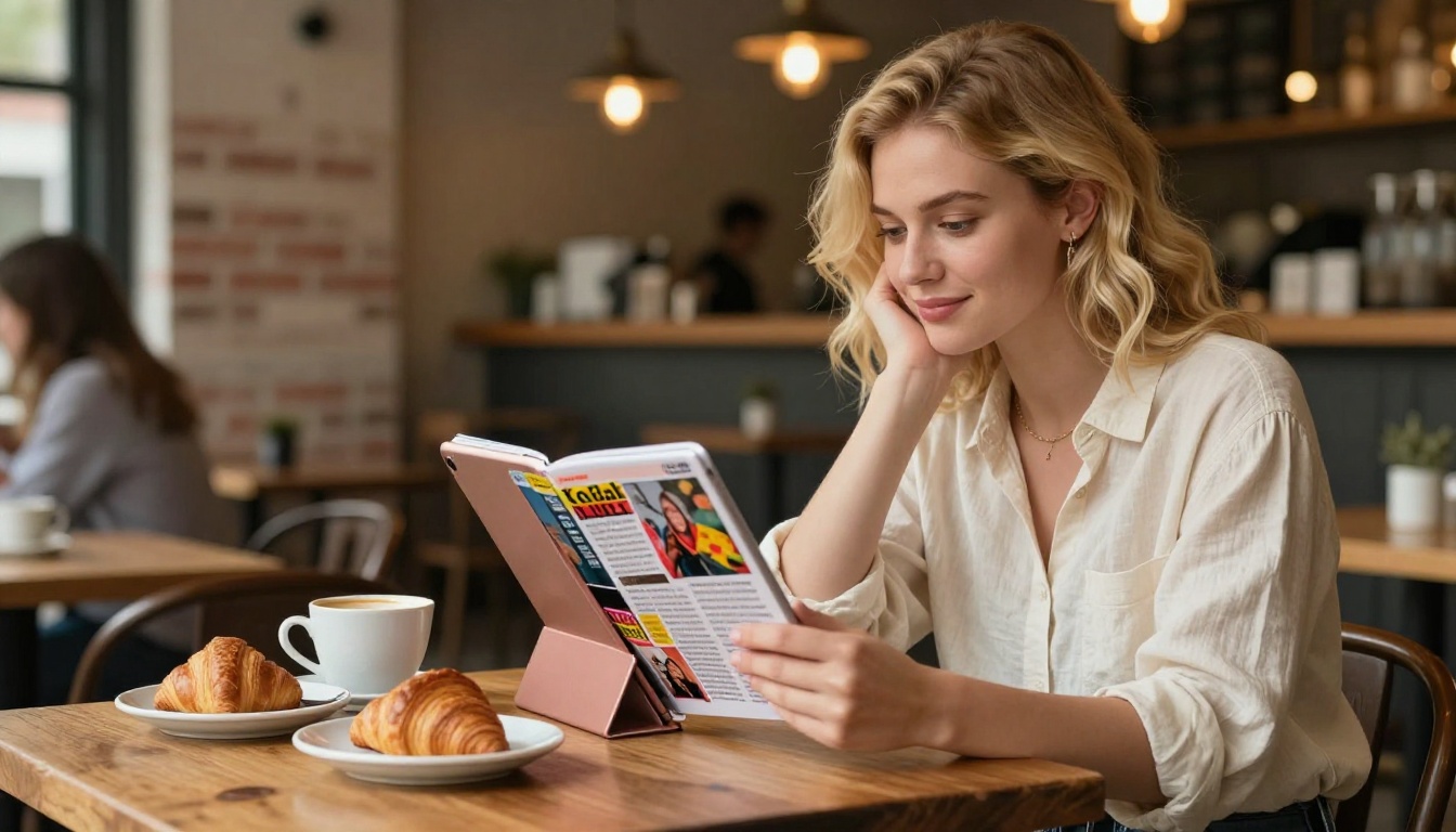 Young woman reading digital flipbook on iPad in a warm rustic cafe setting Young woman reading digital flipbook on iPad in a warm rustic cafe setting