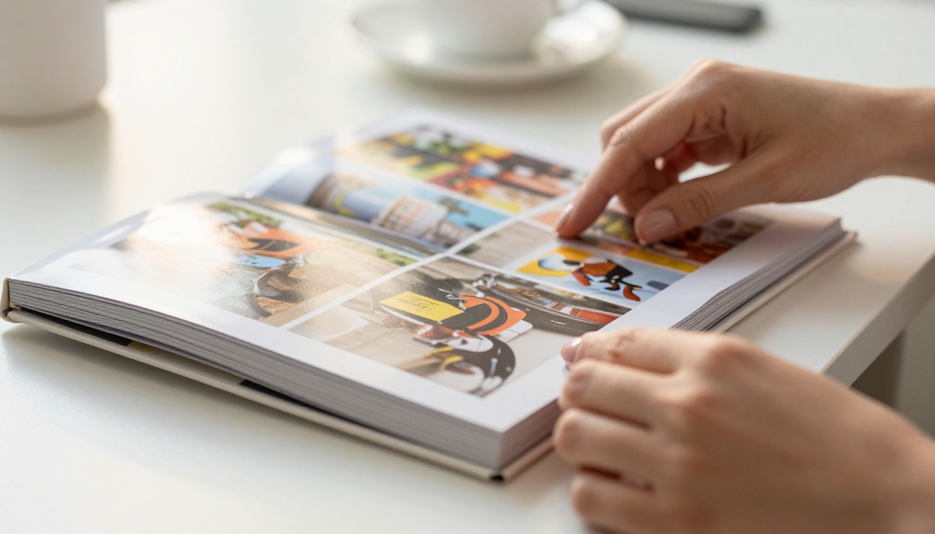Close-up of hands turning glossy catalog flipbook pages