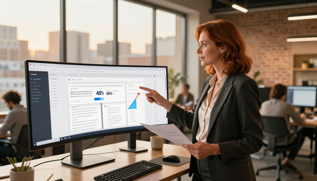 Businesswoman reviewing email campaign analytics with flipbook performance data