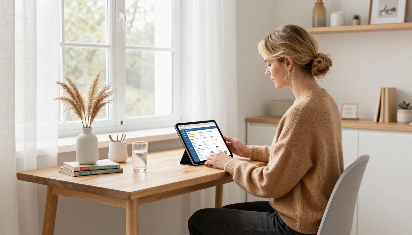 Woman in Scandinavian home office reviewing flipbook email metrics on tablet