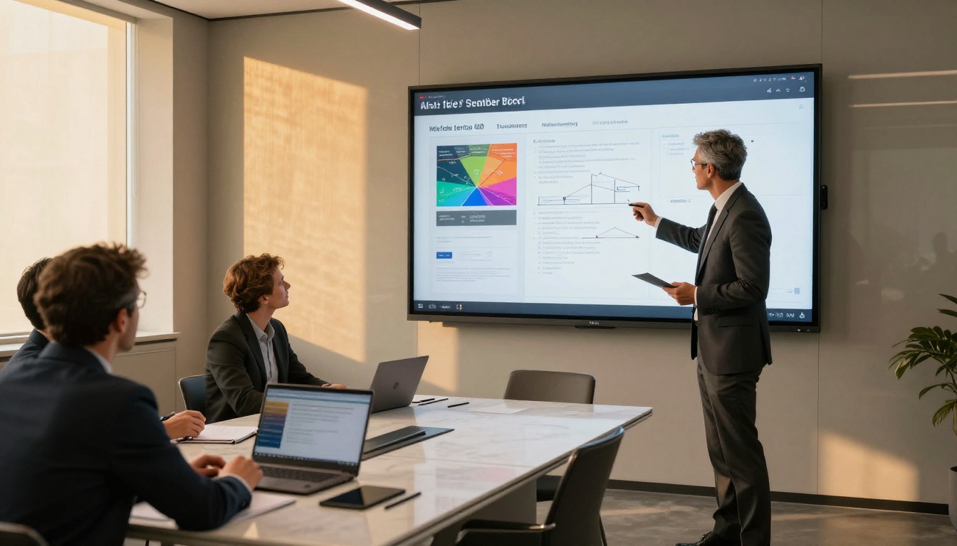 Business professional presenting interactive flipbook in conference room
