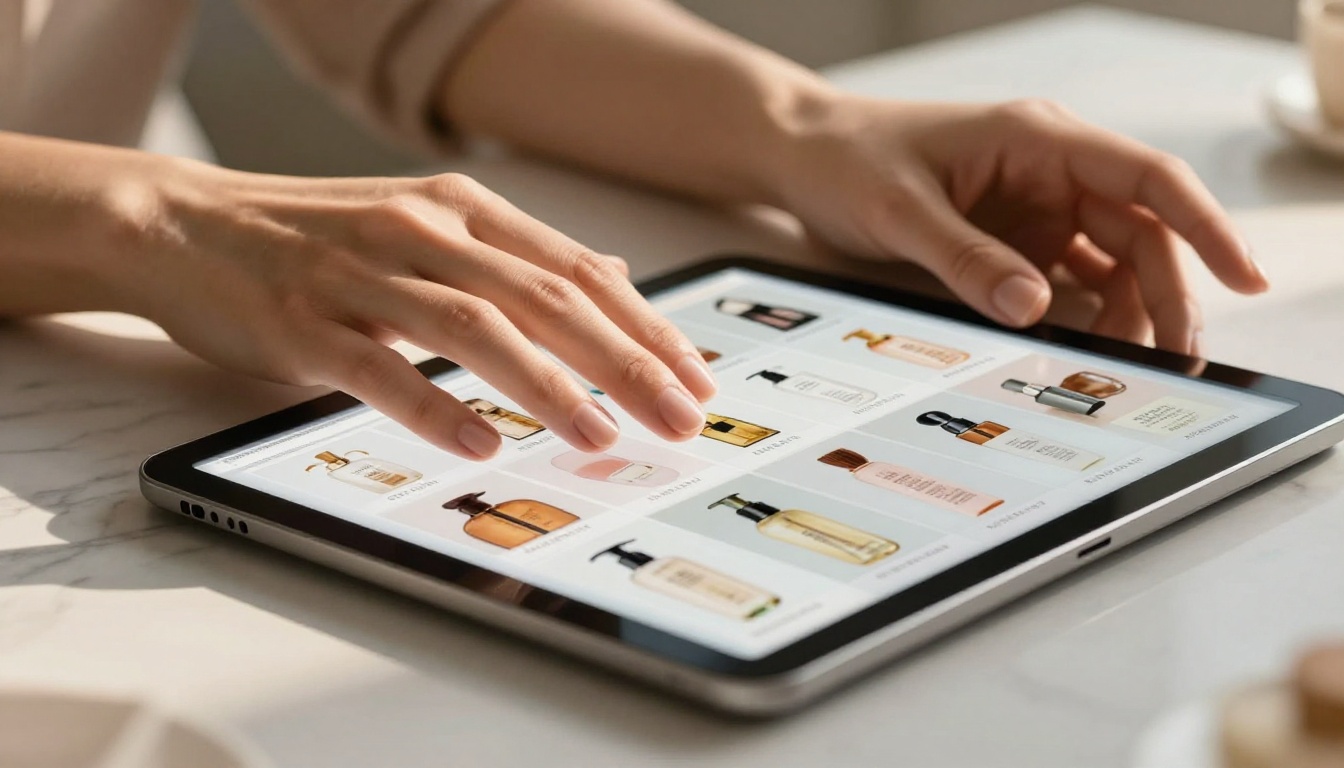 Hands scrolling through a digital product catalog on a tablet Hands scrolling through a digital product catalog on a tablet
