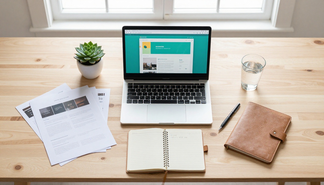 Aerial flat lay of workspace with digital brochure on laptop screen