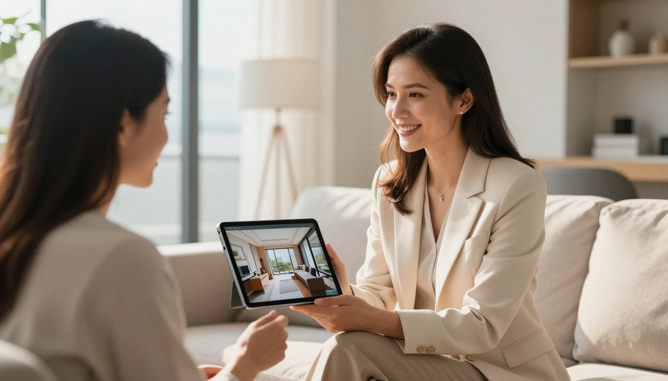 Real estate agent showing digital property brochure on tablet to clients