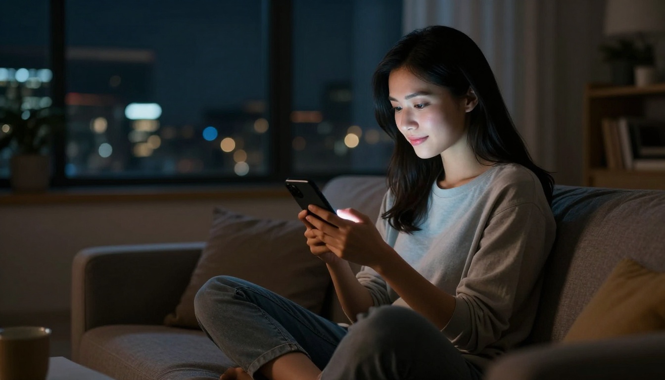 Woman browsing a product catalog on smartphone at night Woman browsing a product catalog on smartphone at night