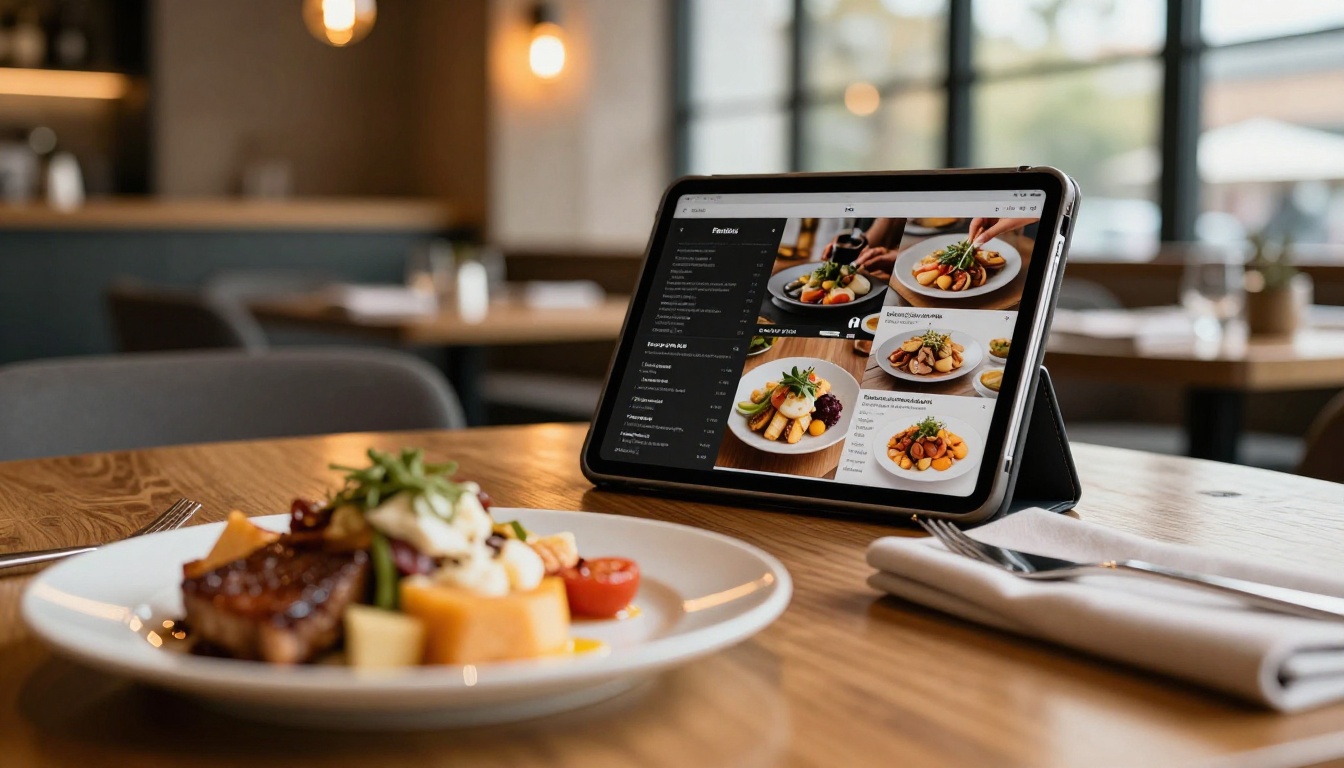 iPad displaying a digital restaurant menu flipbook on a restaurant table