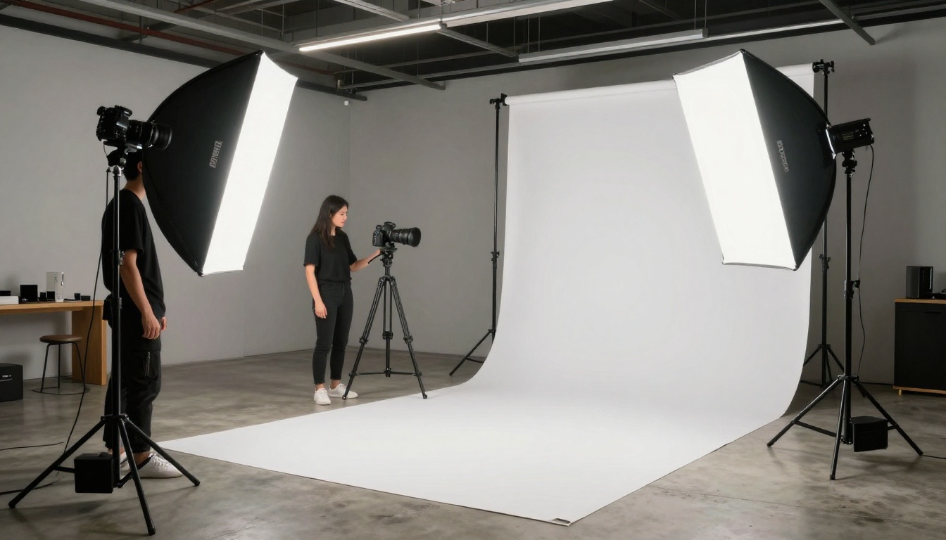 Professional product photographer setting up a studio flat-lay shoot Professional product photographer setting up a studio flat-lay shoot